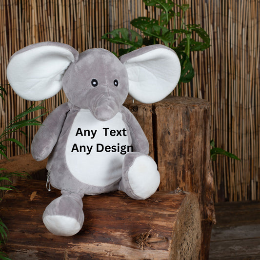 Mumbles Elephant Teddy Bear With Personalised , Customisable fount - Add Any Photo/Design/Text