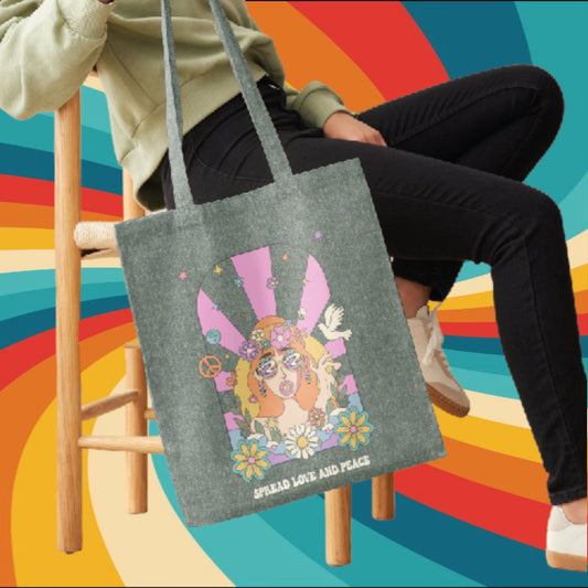 Spread Love and Peace - Retro Aesthetic Tote Bag - Custom Colour - Eco Friendly - Recycled Materials