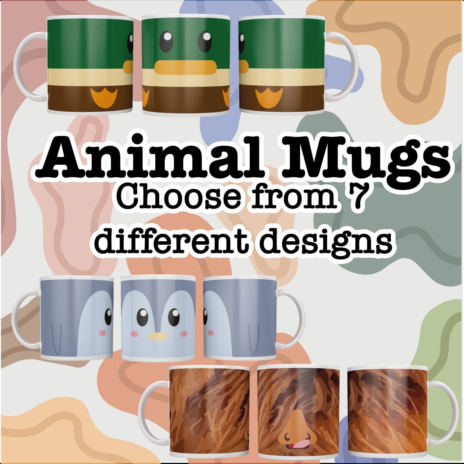 Animal Mugs - Cartoon Animal - Hand Made - Sublimated - Highland cow - Duck - Penguin - Frog - Cat - Tiger - Panda - Custom