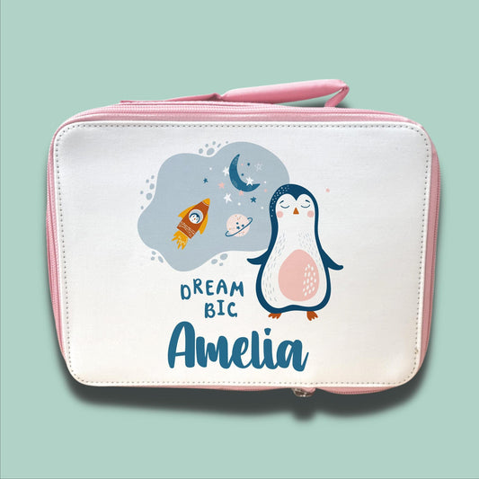 Personalised Children's Lunch Bag | Back to School Lunch Bag | Pink Girls Lunch Bag | Dream Big Penguin With Name Lunch Bag