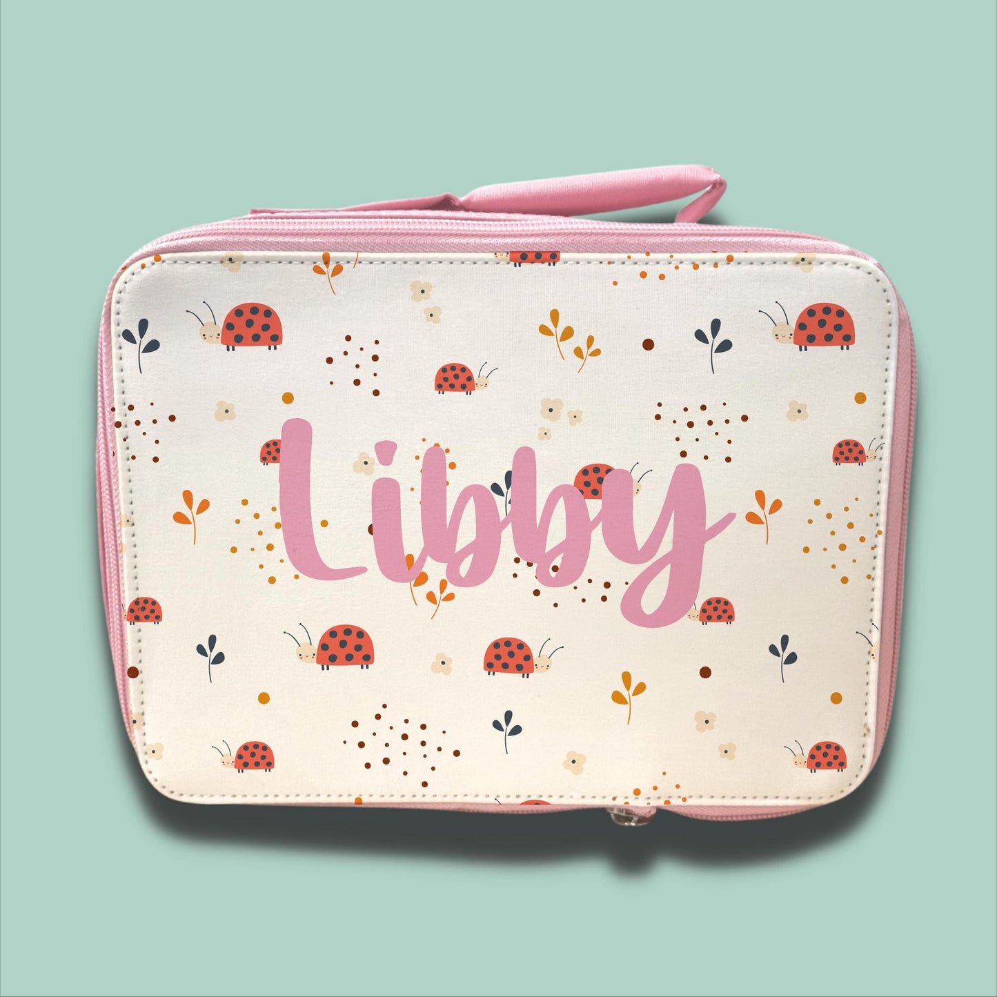 Personalised Children's Lunch Bag | Back to School Lunch Bag | Pink Girls Lunch Bag | LadyBird Pattern Lunch Bag