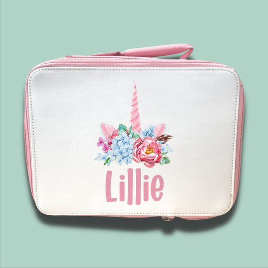 Personalised Children's Lunch Bag | Back to School Lunch Bag | Pink Girls Lunch Bag | Unicorn Flower Crown Lunch Bag