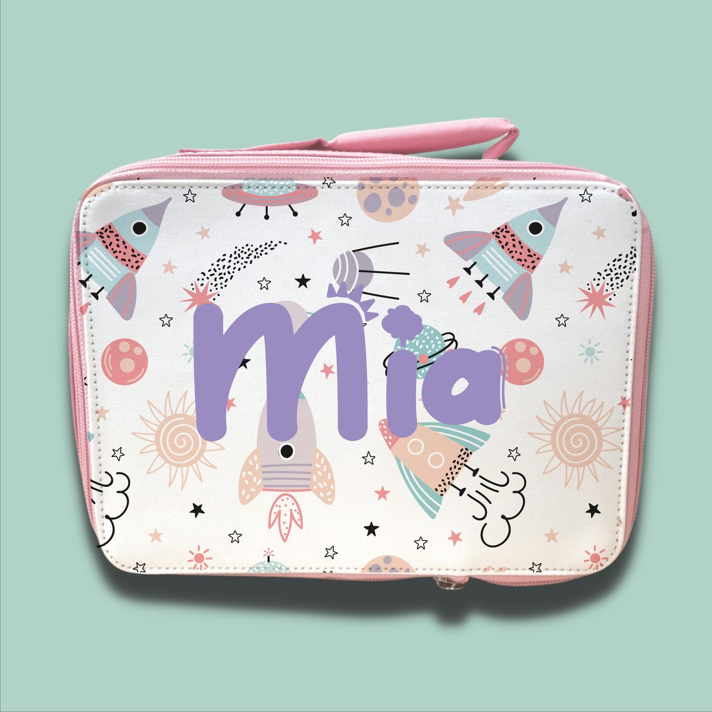 Personalised Children's Lunch Bag | Back to School Lunch Bag | Pink Girls Lunch Bag | Space and Rockets Lunch Bag