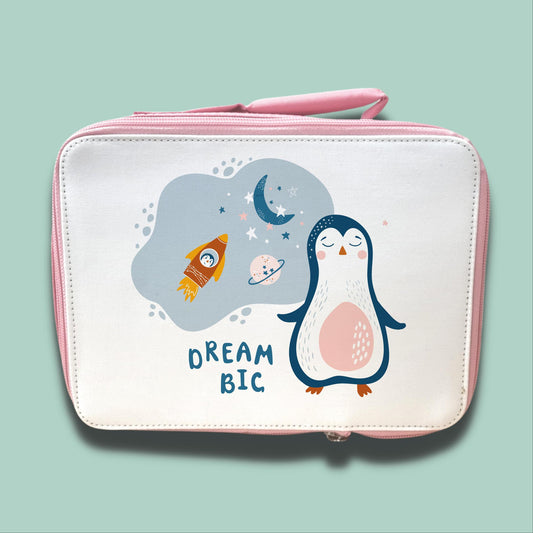 Children's Lunch Bag | Back to School Lunch Bag | Pink Girls Lunch Bag | Dream Big Penguin Lunch Bag