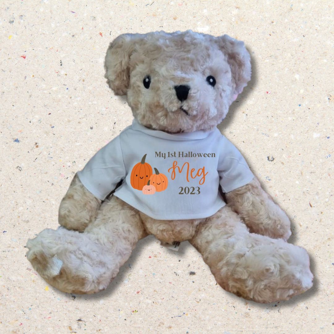 My First 1st Halloween Pumpkin Teddy Bear With Personalised Customisable T-Shirt - Add Any Photo/Design