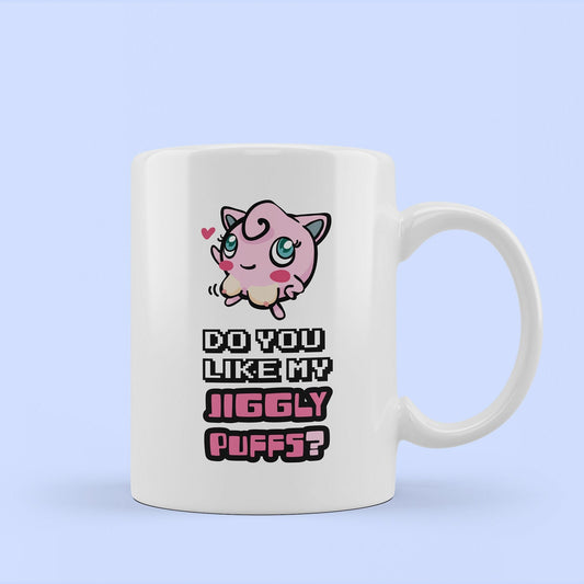 silly pokemon mug. text reads do you like my jigglypuffs. image of a pokemon with breasts